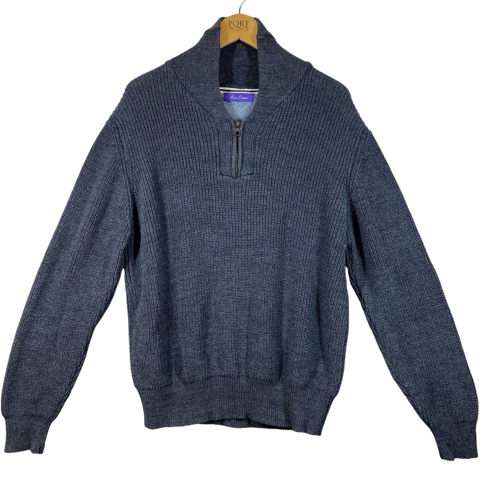 Alan Flusser Mens XL Blue Cotton Quarter Zip Shawl Collar Pullover Sweater
